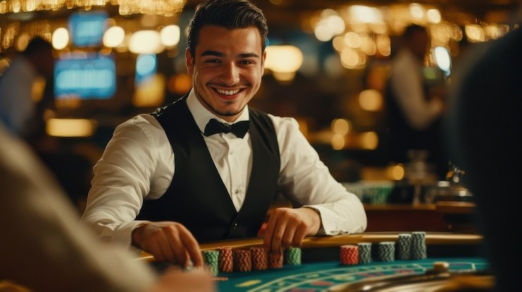 Detail blackjack—kartu per tangan, keputusan, dan pembayaran Detail permainan blackjack menampilkan kartu dan hasil setiap tangan